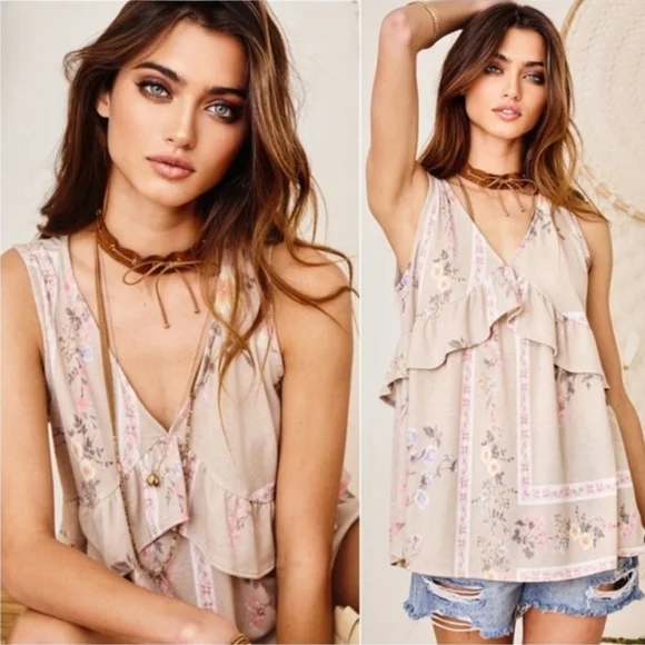 taupe pink floral boho womens ruffle top - Picture 4 of 4